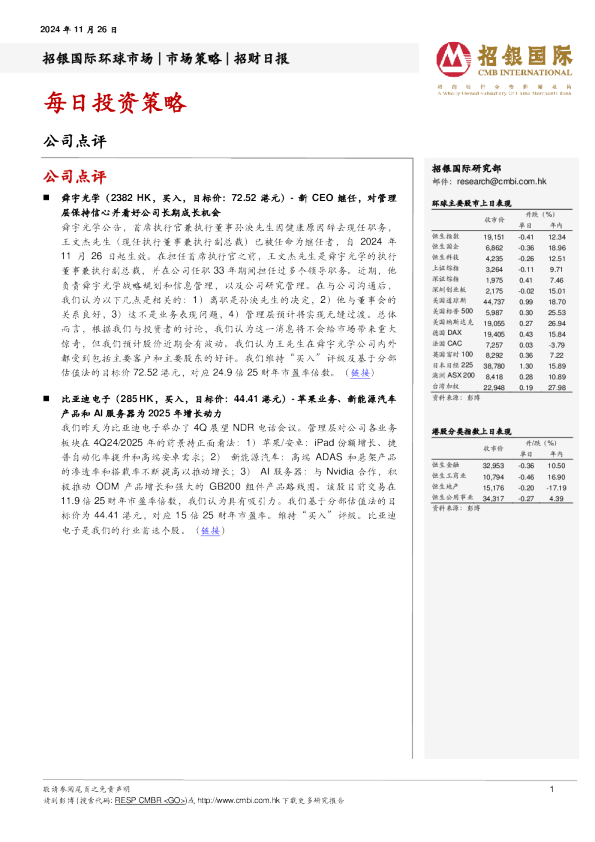 招银国际每日投资策略