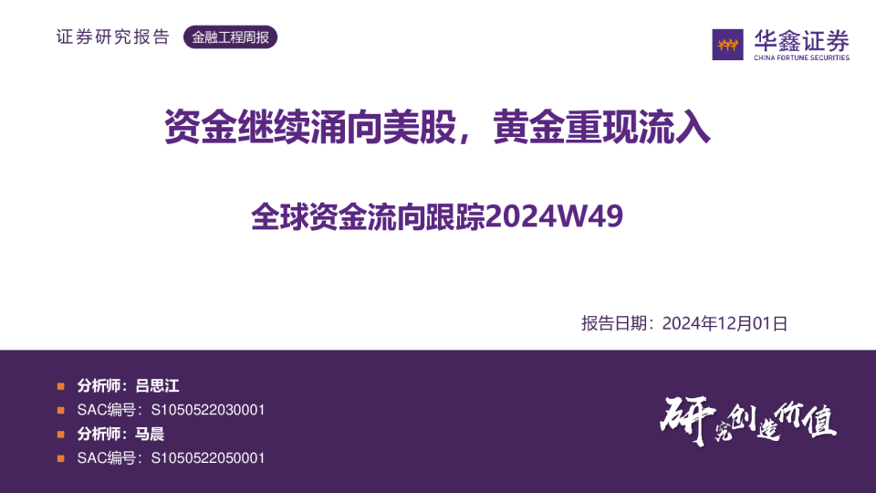 资金继续涌向美股，黄金重现流入