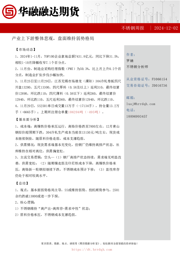 不锈钢周报-产业上下游整体悲观，盘面维持弱势格局