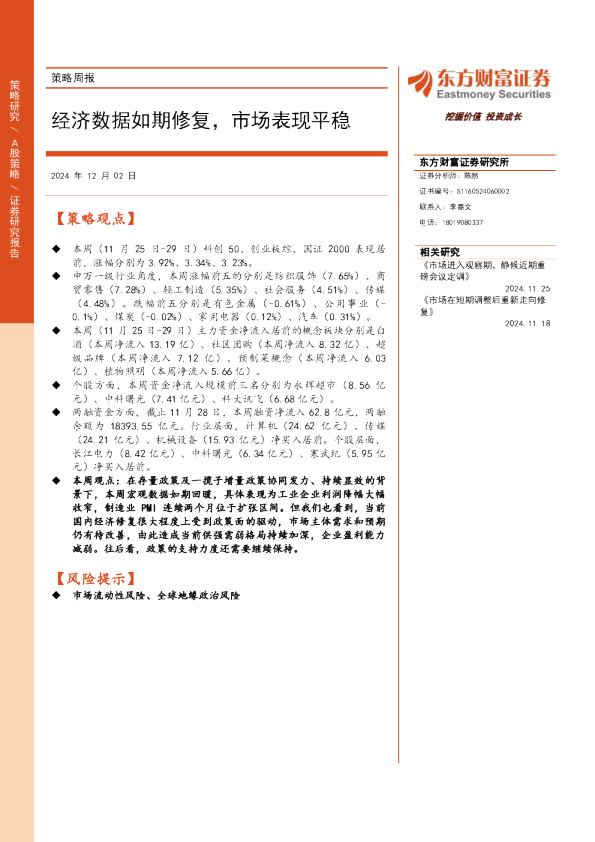 策略周报：经济数据如期修复，市场表现平稳