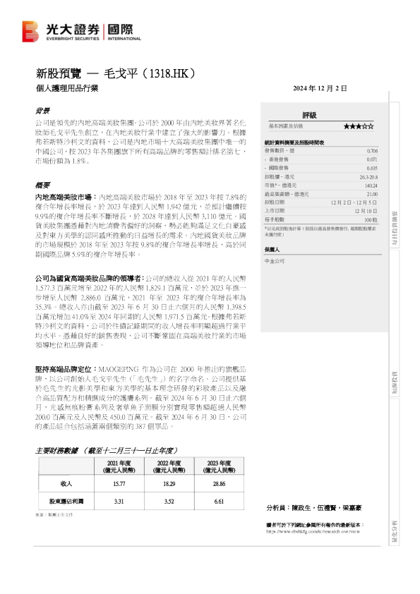 新股预览：毛戈平