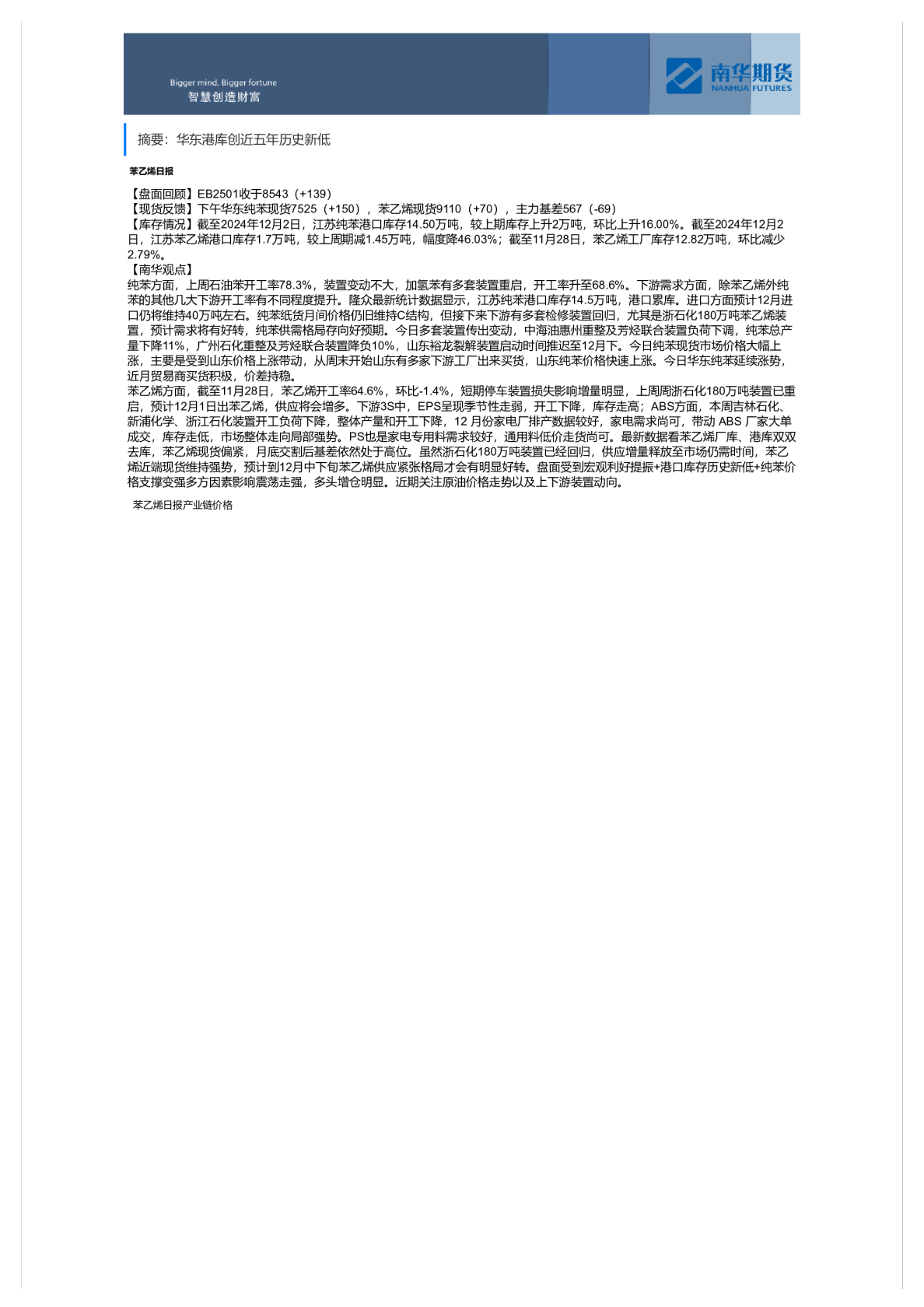 苯乙烯日报：华东港库创近五年历史新低