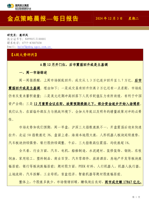金点策略晨报—每日报告