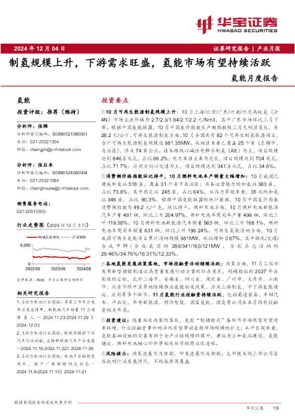 氢能月度报告：制氢规模上升，下游需求旺盛，氢能市场有望持续活跃