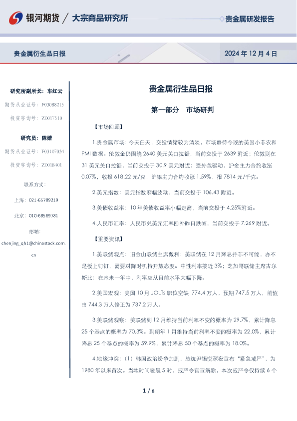 贵金属衍生品日报