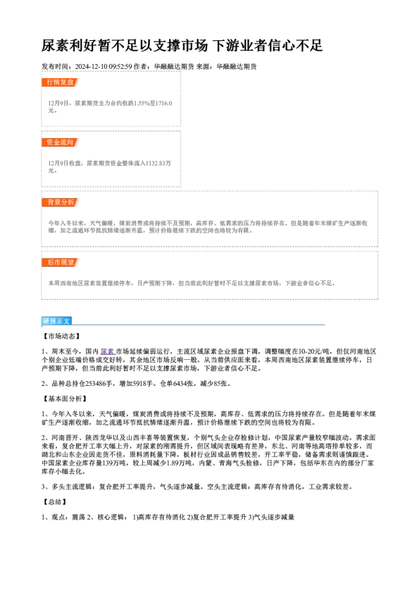 尿素利好暂不足以支撑市场 下游业者信心不足
