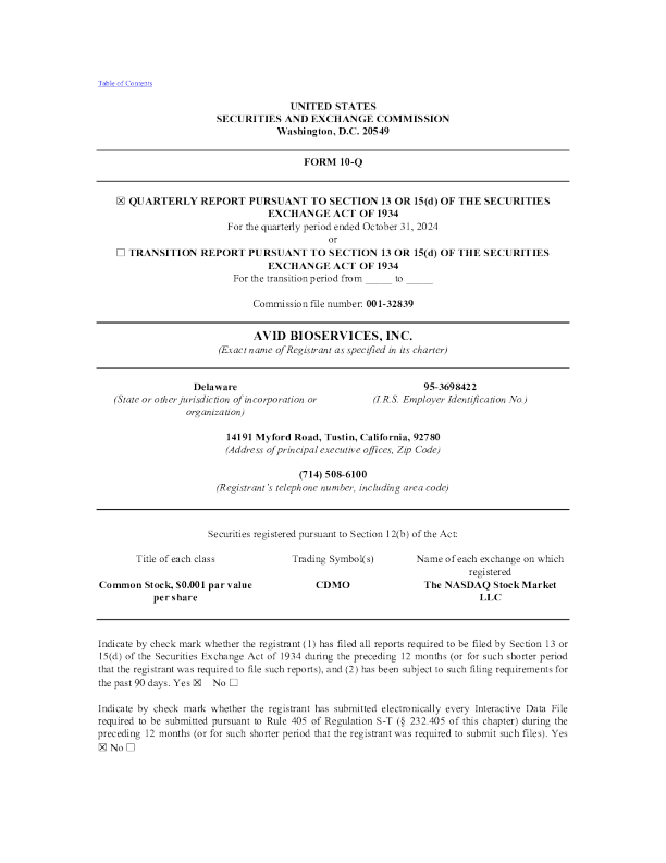 Avid Biosservices Inc 2024 年年度报告