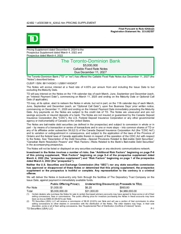 道明银行美股招股说明书(2024-12-10版)