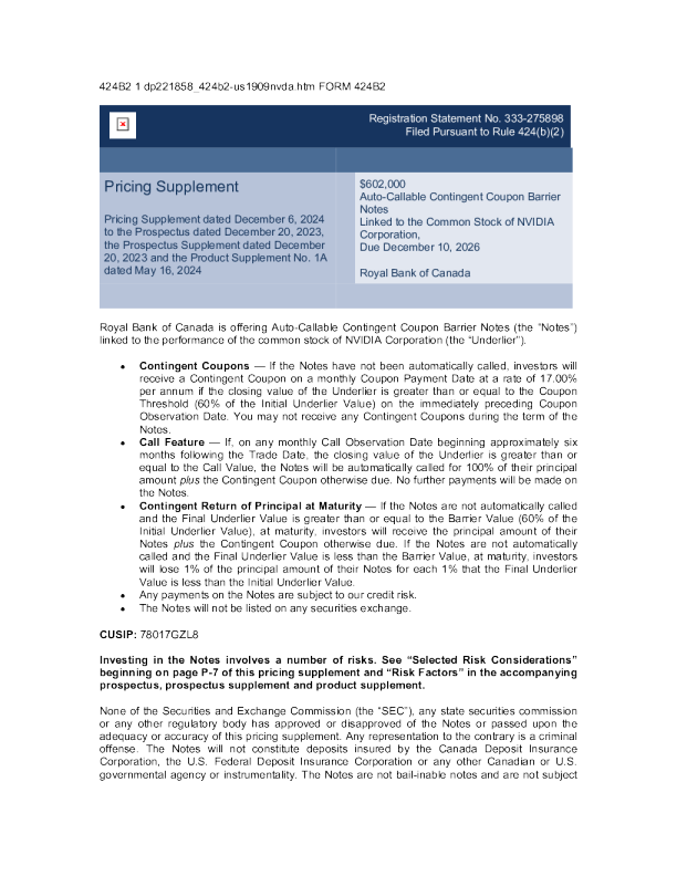 加拿大皇家银行美股招股说明书(2024-12-10版)