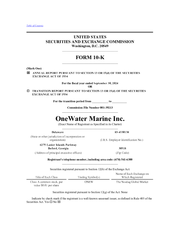 OneWater Marine Inc-A 2023年度报告