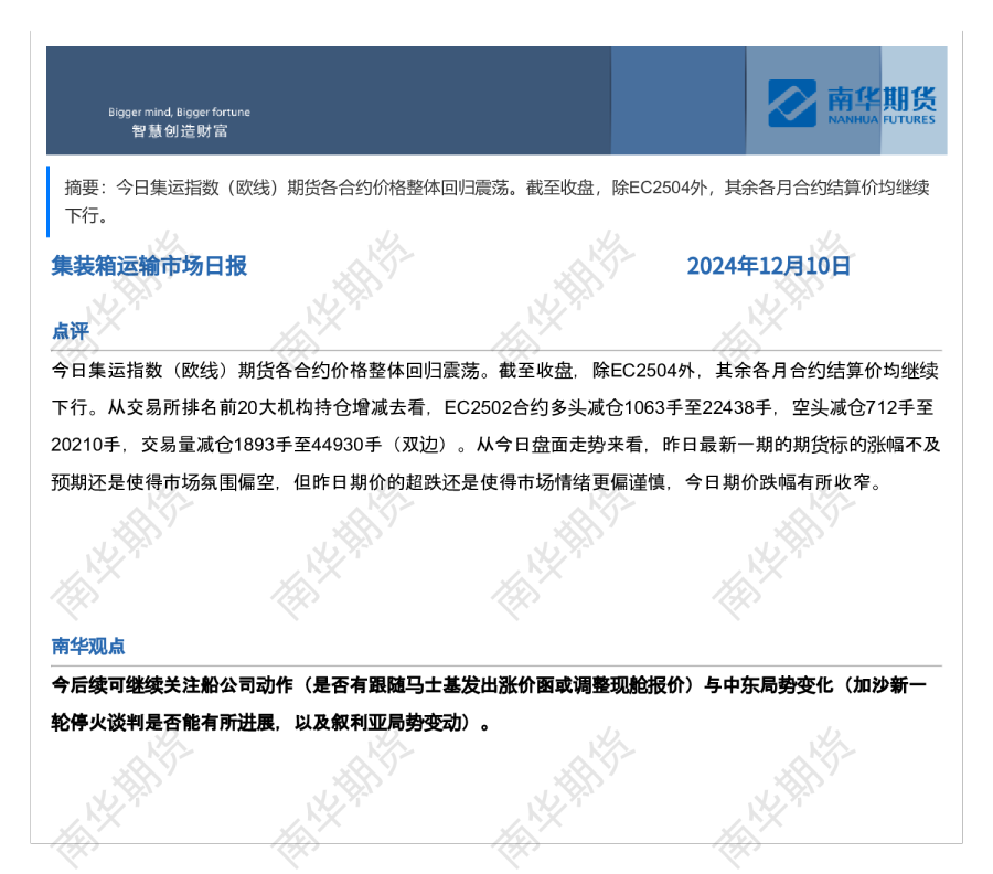 南华集运日报20241210