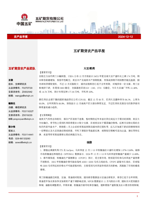 五矿期货农产品早报