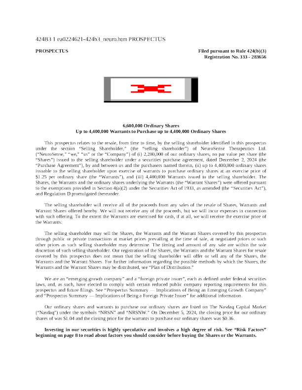 NeuroSense Therapeutics Ltd 美股认字 (2024 - 12 - 12 版)