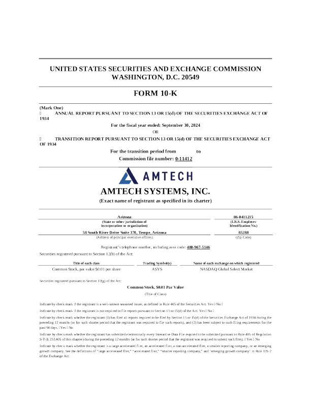 Amtech Systems Inc 2023 年度报告