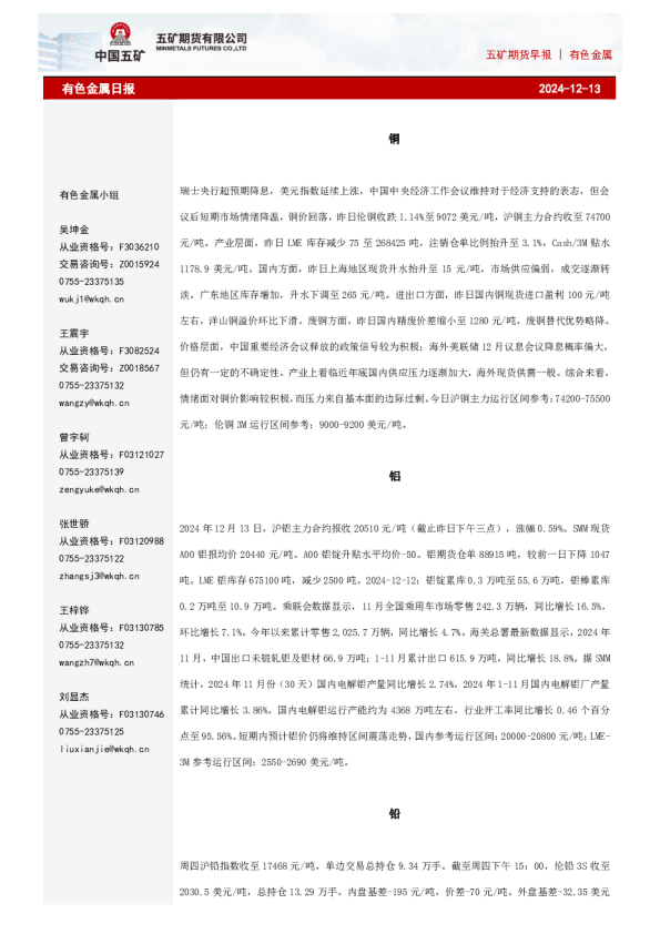 五矿期货有色金属日报