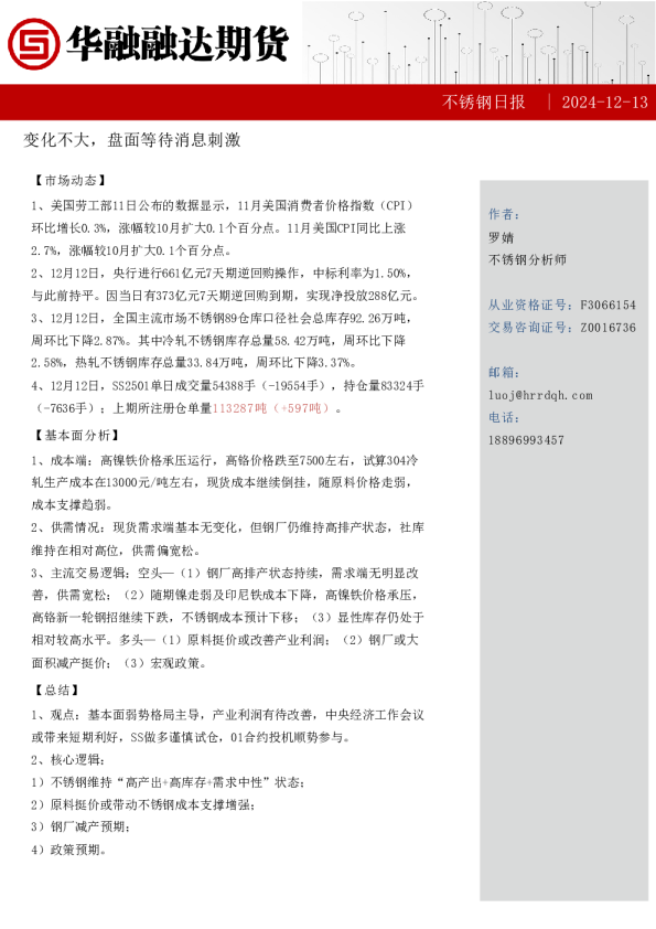 不锈钢日报-变化不大，盘面等待消息刺激