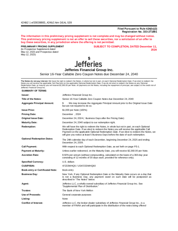 Jefferies Financial Group Inc. 美股认股权证 (2024 - 12 - 13 版)