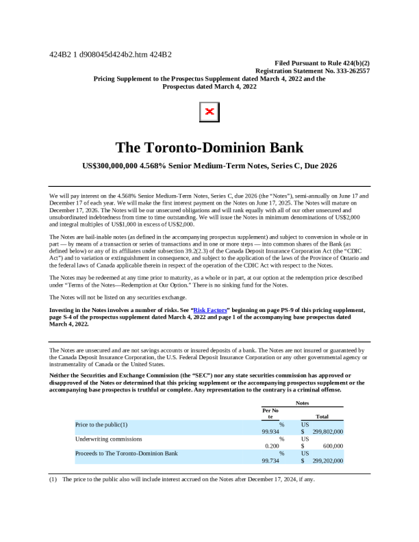 道明银行美股招股说明书(2024-12-13版)