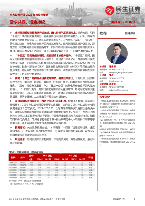 电力设备行业2025年度投资策略：需求共振，增势持续
