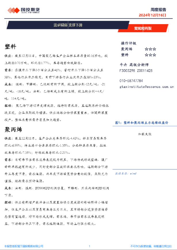 聚烯烃周报：需求减弱 支撑下滑