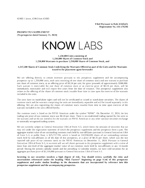 Know Labs Inc 美股  说手册 (2024 - 12 - 16 版)