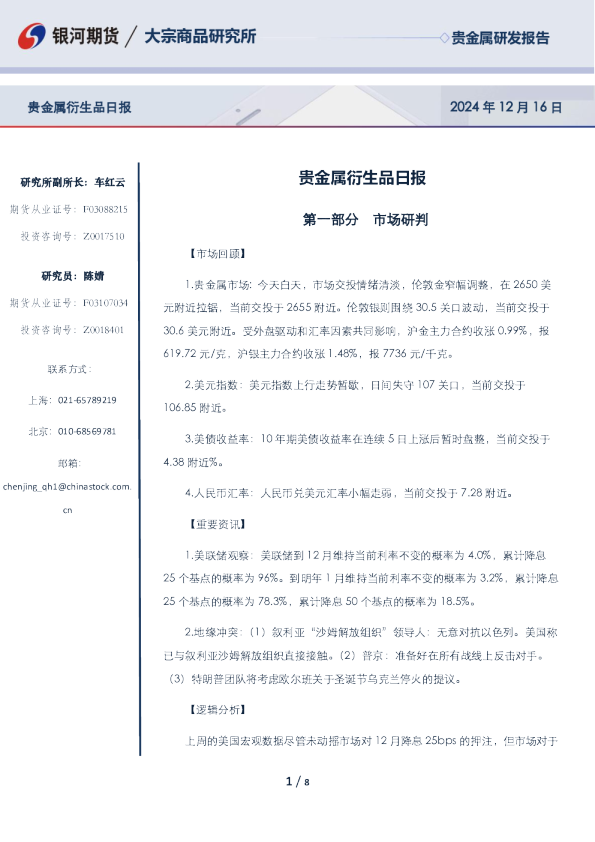 贵金属衍生品日报