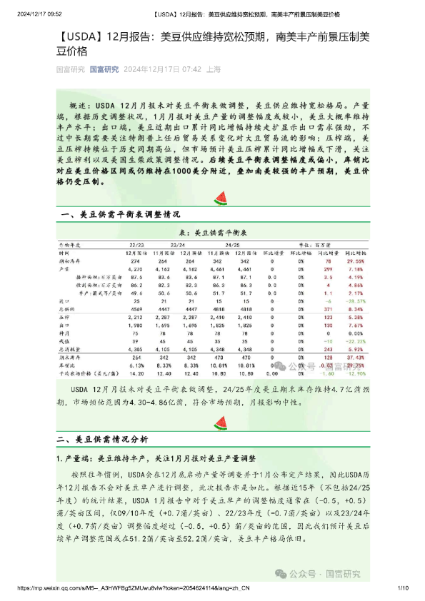 【USDA】12月报告：美豆供应维持宽松预期，南美丰产前景压制美豆价格