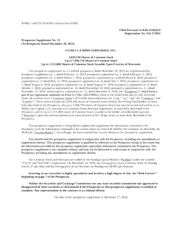 Estrella Immunopharma Inc 美股股票说说明书 (2024 - 12 - 17 版)
