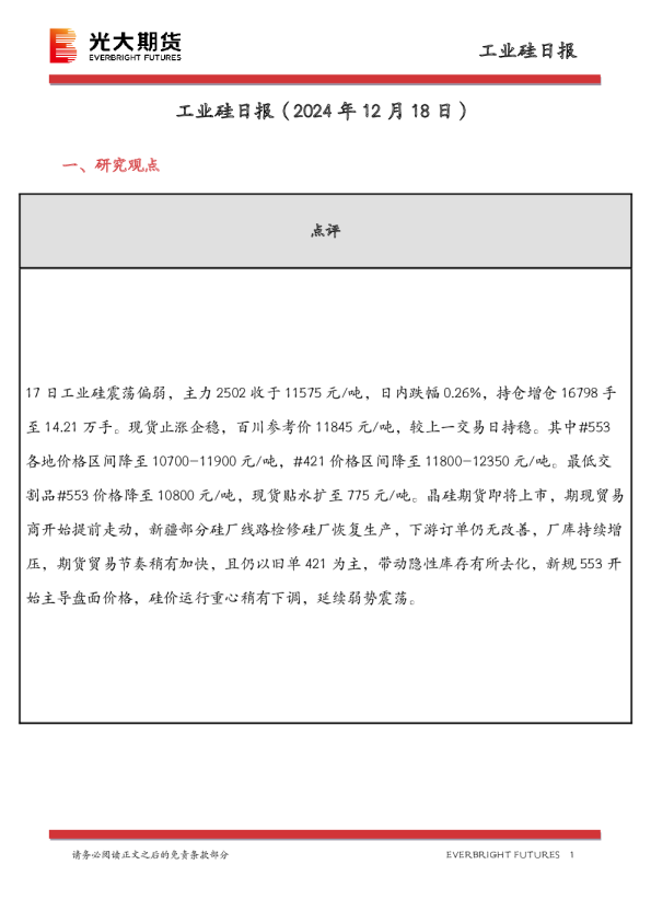 工业硅日报