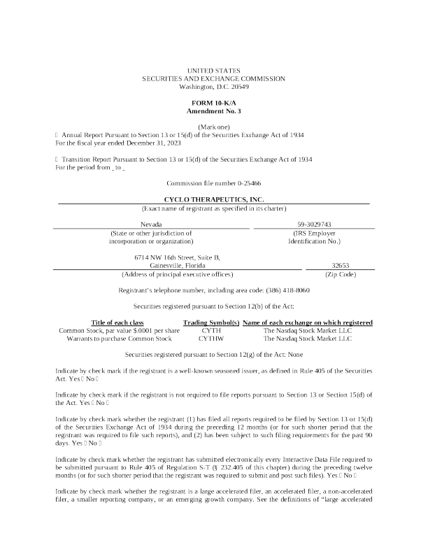 Cyclo Therapeutics Inc 2023 年度报告