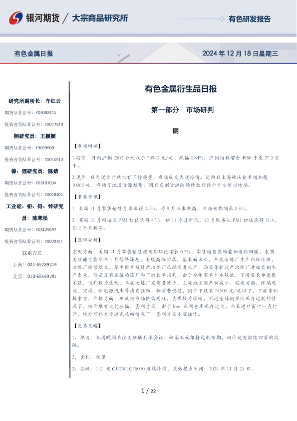 有色金属衍生品日报