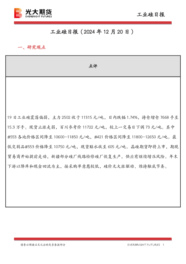 工业硅日报