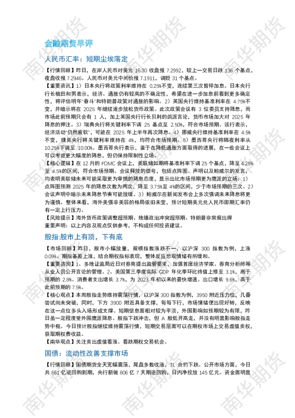 南华期货丨期市早餐2024.12.20