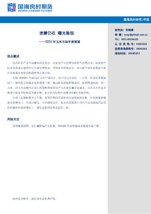 迷雾仍在 曙光隐现——2025年玉米年报