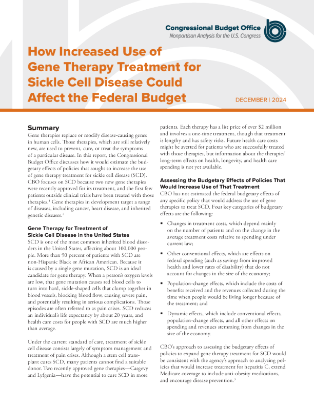 增加镰状细胞病基因治疗的使用将如何影响联邦预算