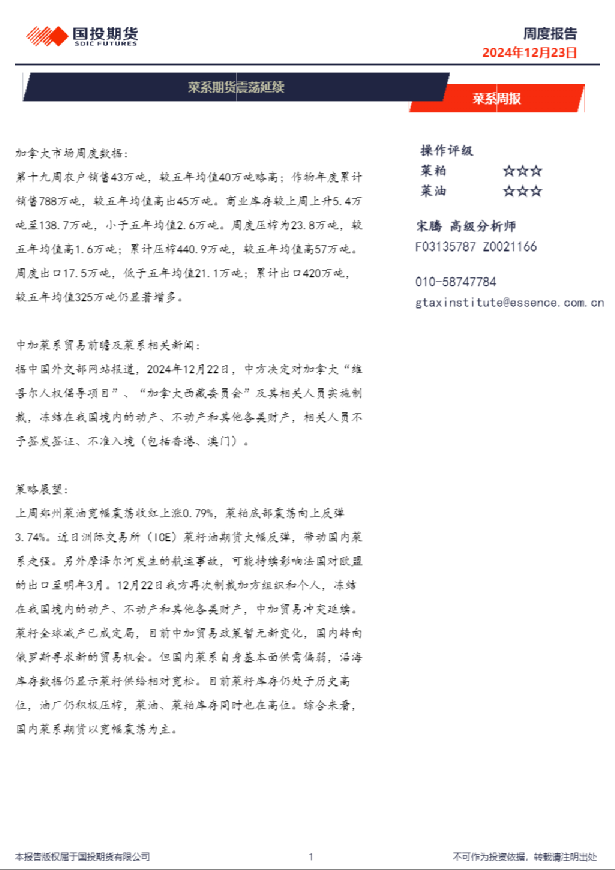 菜系周报：菜系期货震荡延续