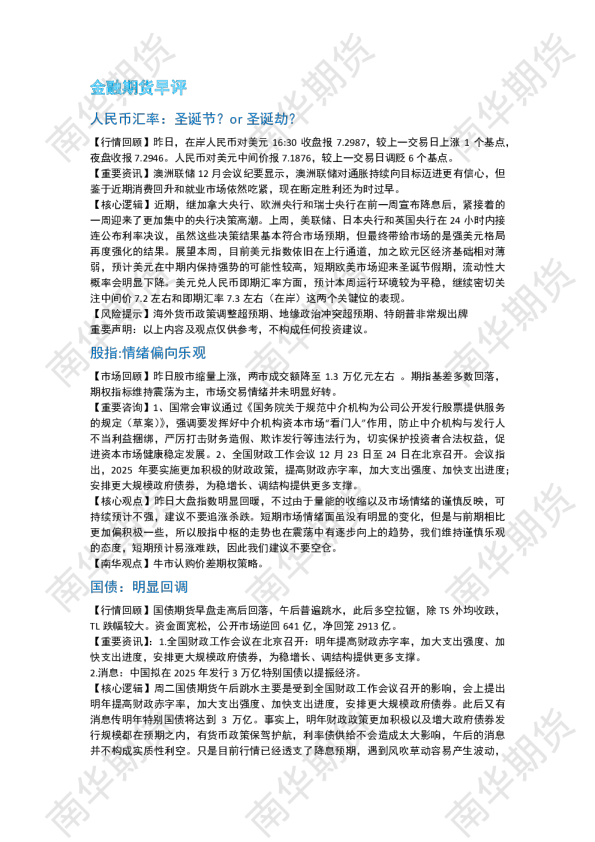 南华期货丨期市早餐2024.12.25