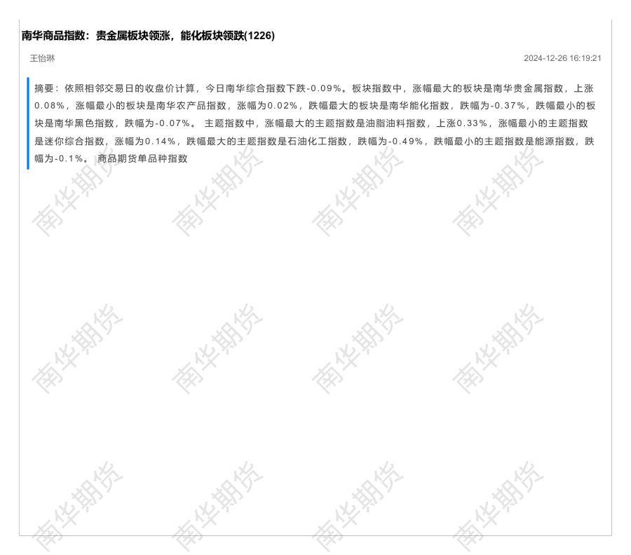 南华商品指数：贵金属板块领涨，能化板块领跌