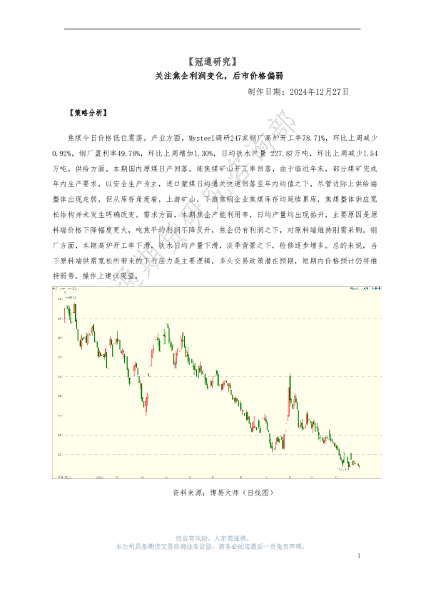 关注焦企利润变化，后市价格偏弱