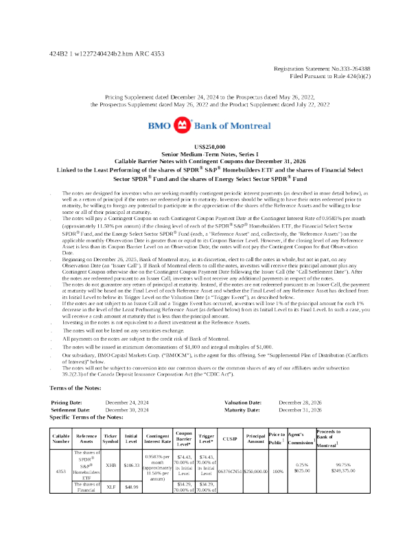 蒙特利尔银行美股招股说明书(2024-12-27版)