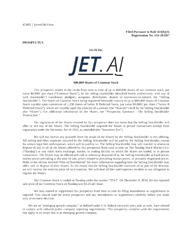 Jet. AI Inc 美股认股书 (2024 - 12 - 27 版)