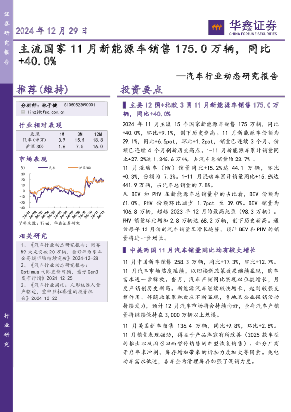 汽车行业动态研究报告：主流国家11月新能源车销售175.0万辆，同比+40.0%