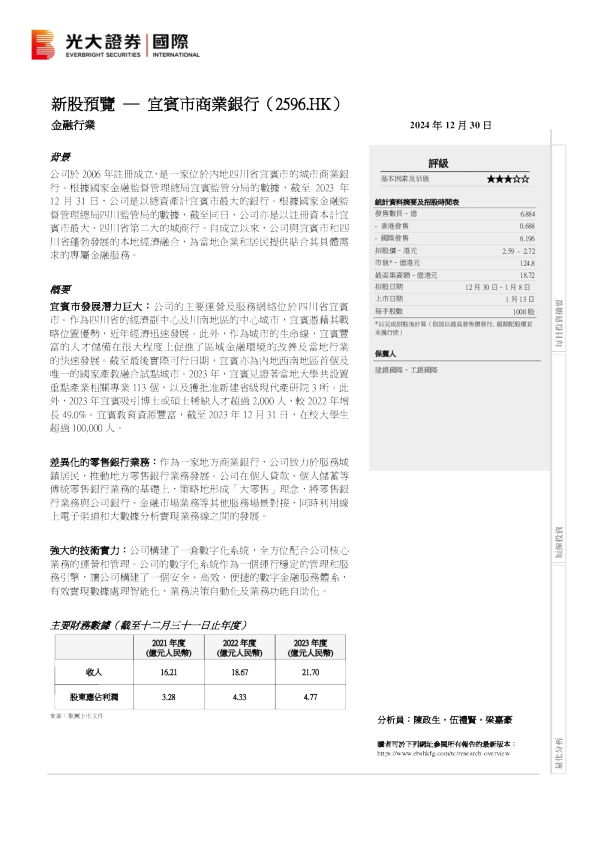 新股预览：宜宾市商业银行