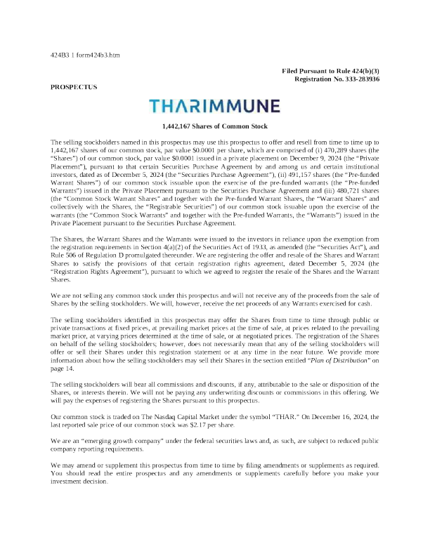 Tharimmune Inc 美股认字 (2024 - 12 - 30 版)