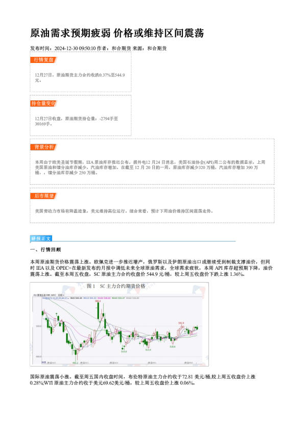 原油需求预期疲弱 价格或维持区间震荡