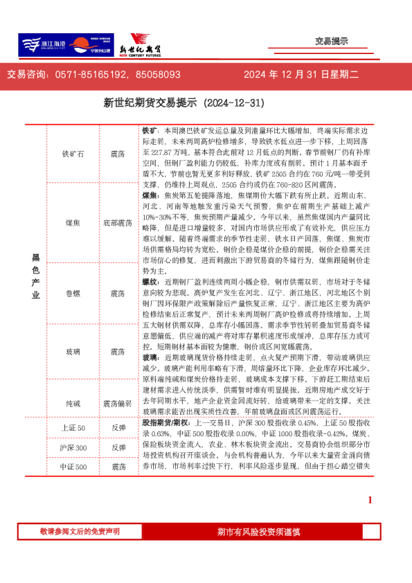 新世纪期货交易提示（2024-12-31）