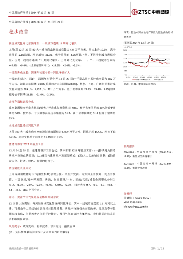 中国房地产周报：稳步改善