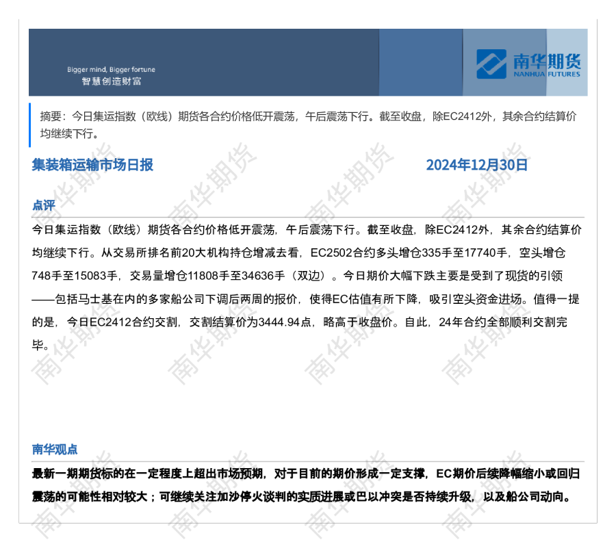南华集运日报20241230