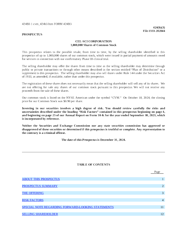 CEL - SCI Corp 美国股票认股权证 (2025 - 01 - 03 版)