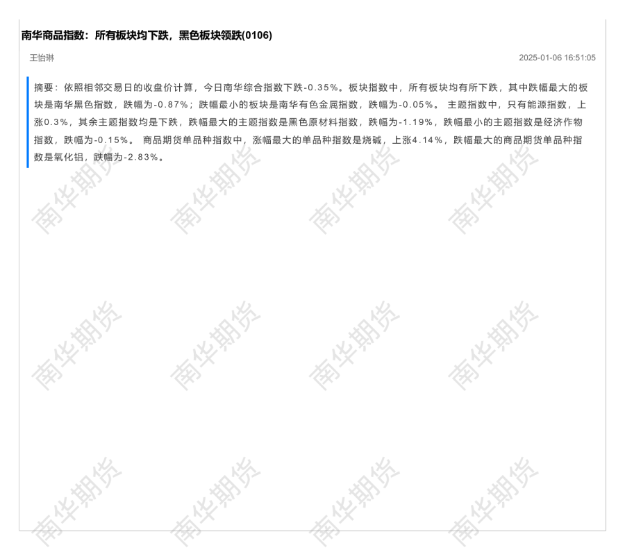 南华商品指数：所有板块均下跌，黑色板块领跌